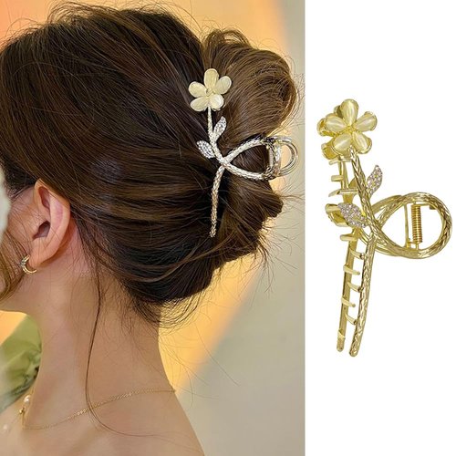 JATOMSSM Hair Clip, Cat Eye Stone Flower Hair Claw Clip, 1PCS, Gold, Metal, 4.52 inches, for Thick & Thin Hair, Women, Girls