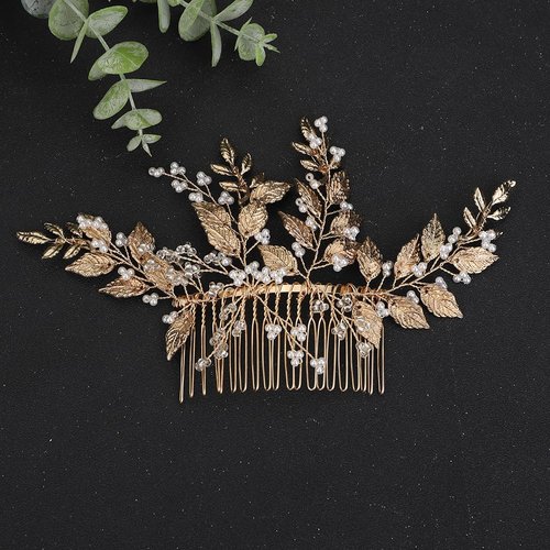 Rumtock Vintage Gold Leaves Ball Beads Hair Comb Side Headpiece for Wedding Brides Women Girls Banquet Festival Jewelry (Gold)