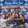 Blue Happy New Year Banner with 18pcs Balloons 2025 Glitter Blue Happy New Year Yard Banner Sign Fireworks Happy New Year Fence Banner 2025 New Year Latex Balloons for New Year Eve Party Supplies