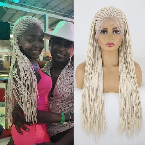 BTWTRY Platinum Blonde Braided Box Braiding Synthetic Lace Front Wig Long Braids Heat Resistance ...