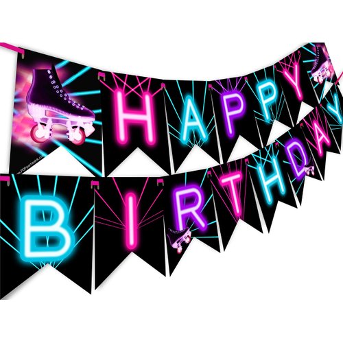 Roller Skating Glow Rainbow Happy Birthday Banner Pennant - Roller Skating Party Supplies - Roller Skating Party Decorations - Glow