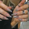 SINHOT Gothic Press on Nails Long Stiletto Fake Nails Y2K Silver Acrylic Nails Glossy Glue on Nails Stick ons False Nails with Design 24 pcs