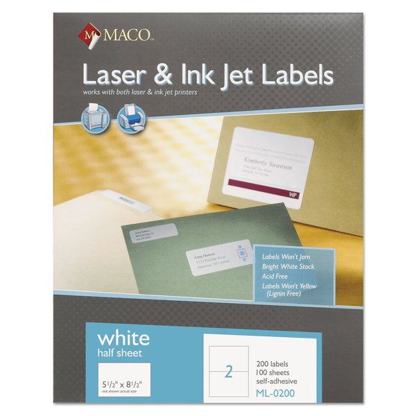 MACO Laser/Ink Jet White COVER-ALL Internet Shipping Labels, 5-1/2" x 8-1/2", 2 per Sheet, 200 per Box (ML-0200)
