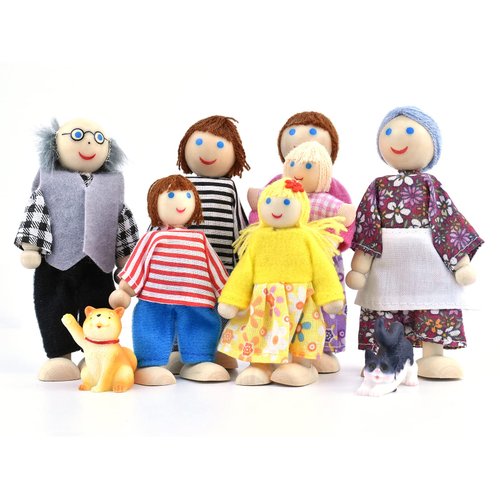 Jzszera Wooden Dollhouse People, 2-4 inches Doll House Dolls Family with 2 Pets (Dog and Cat)