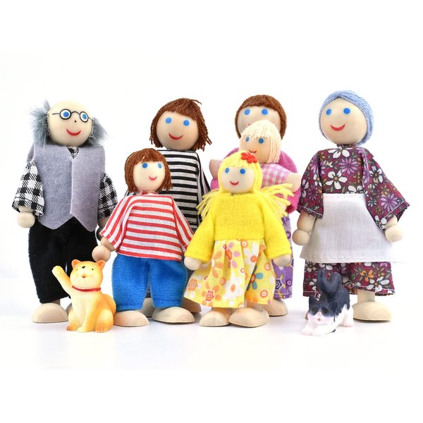 Jzszera Wooden Dollhouse People, 2-4 inches Doll House Dolls Family with 2 Pets (Dog and Cat)