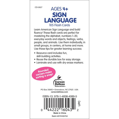 Carson Dellosa 104 American Sign Language Flash Cards for Kids, Toddlers and Beginners, ASL Flash Cards for Kids, ASL Cards for Beginners Covering 122 ASL Signs, Learn Sign Language for Beginners