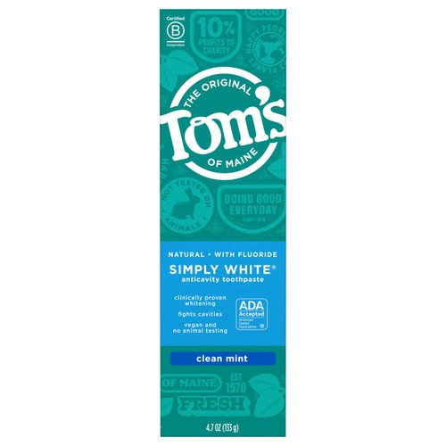 Tom's of Maine Natural Simply White Fluoride Toothpaste, Clean Mint, 4.7 oz. (Packaging May Vary)