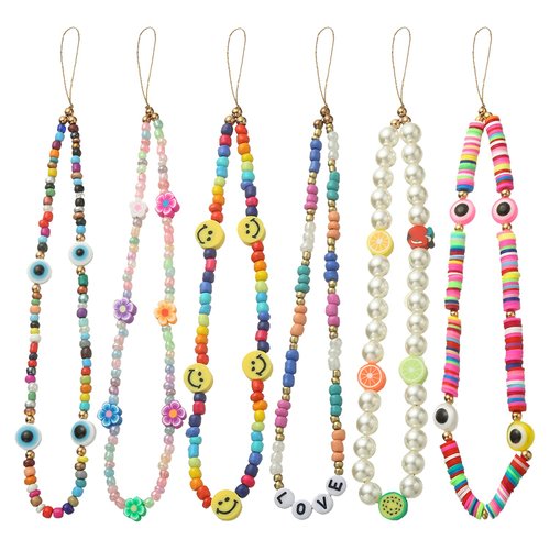 Taouzi 6PCS Beaded Phone Lanyard Face Charm Fruit Star Pearl Rainbow Color Chain Wrist Strap for Women Girls