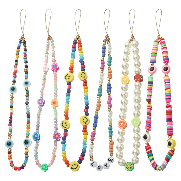 Taouzi 6PCS Beaded Phone Lanyard Face Charm Fruit Star Pearl Rainbow Color Chain Wrist Strap for Women Girls