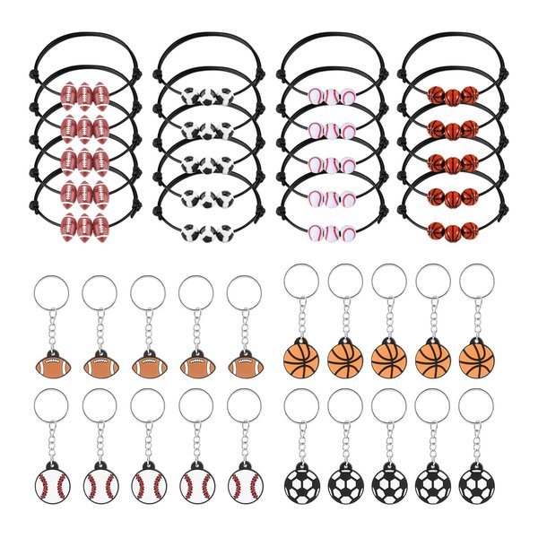 PEUTIER 40pcs Sports Party Favors, 20pcs Sports Keychains & 20pcs Sports Bracelets with Football Basketball Rugby Baseball Sport Theme Thank You for Coming Gifts for Sports Party Supplies