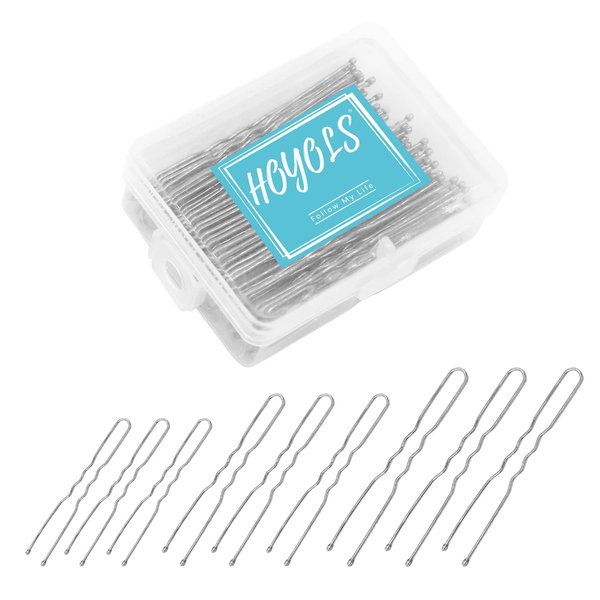 Hoyols U Shaped Hair Pins Silver, Assorted Size U Shape Bobby Pins, Metal Curved Curly Bun Clips Crimped Design with Ball Tips for Buns Women Girls Grips Hairstyle, 150 Count Bulk Pack (Silver)