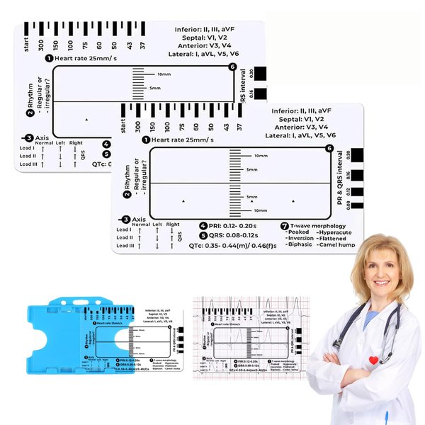 2PCS ECG Ruler, ECG 7 Step Ruler for ECG/EKG Interpretation, Transparent EKG Calipers Measuring Tool, Follow a 7 Step Plan, Portable ECG Assessment Tool EKG Card