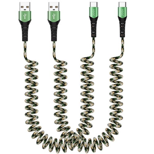 2Pack Right Angle Braided Coiled USB A to USB C Cable Fast Charger Cord Compatible with iPhone 15, iPad Pro, Galaxy S23 FE, Galaxy S22, A15, Pixel 8 Pro, Pixel 7a, Moto G Power (Straight)