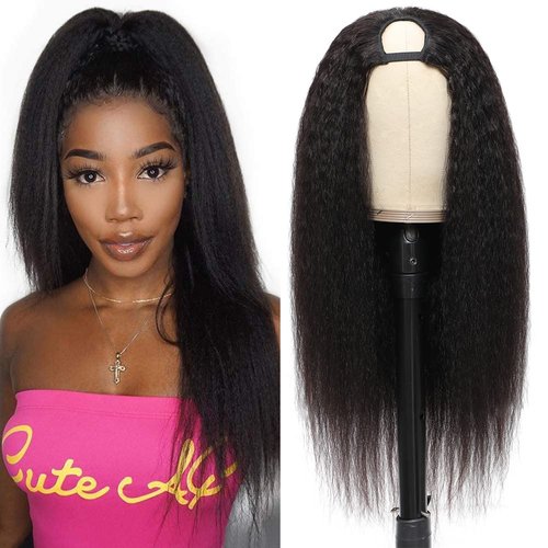 U Part Kinky Straight , 16 inch Italian Upart Half Remy Yaki Straight Wigs for Black Women Human Hair Upgraded U Shape Clip in