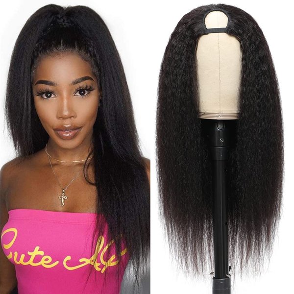 U Part Kinky Straight , 16 inch Italian Upart Half Remy Yaki Straight Wigs for Black Women Human Hair Upgraded U Shape Clip in