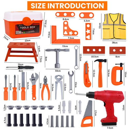 REAQUE Kids Tool Set, 48 Pcs Toy Tool Box for Toddlers Ages 3-5, Pretend Play Construction Toy, Includes Toy Wrench, Drill, Hammer, Screwdriver, Screw Set, Gift for 3 4 5 6 7 Years Old Boys Girls