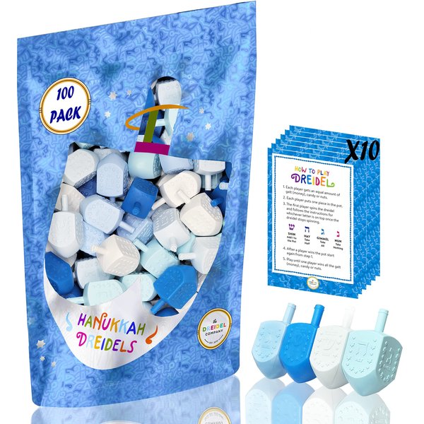 The Dreidel Company Hanukkah Blue and White Plastic Pastel Colored Dreidel, for Children, Boys and Girls, Party Favors (100-Pack)