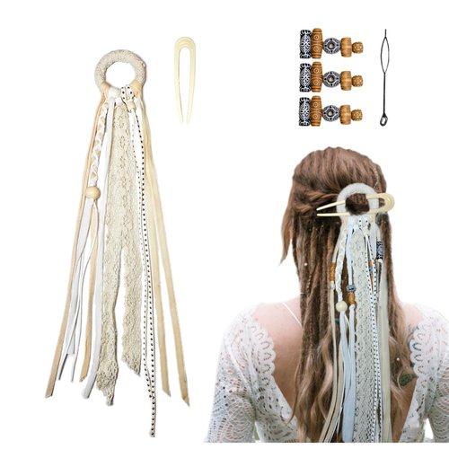 Nutty Natte Handmade Boho Dreadlock Hair Ties dread Dread Bride Hair clip Hair Barrette Braiding DIY Beads Hair Pins Hair Extension Hair Tassels Ponytail Holders Hair Accessories for Women (White)