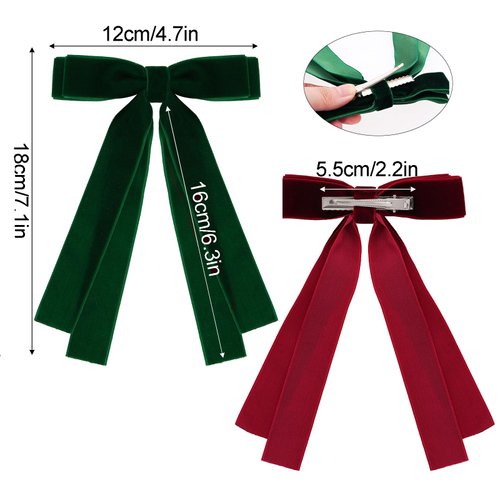 Topbuti 2PCS Velvet Hair Bows Hair Clip Black Red Green Hair Ribbon Ponytail Holder Accessories Slides Metal Clips Hair Bow for Women Girls Toddlers Teens Kids (Wine Red & Green)