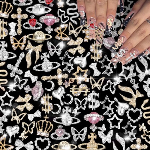 105 Pcs Silver+Gold Nail Gems Charms, Planet Crown Dollar Snake Dangle Star Bow Nail Charms 3D Nail Art Jewelry Alloy Rhinestones Gems+Charms for Nail Art DIY Jewel Accessories