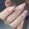 French Tip Press on Nails Medium Almond Fake Nails Glossy Glue on Nails Full Cover Acrylic Nails Gold and White Line False Nails with Gold Glitter Designs Medium Gold Nail Tips for Women and Girls