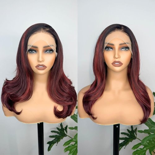 LOLYDEER 1B99J Red Synthetic Lace Front Wig 18 Inch Body Wave Lace Front Wigs 13X6 Glueless Lace Frontal Wigs Dark Root Red Wigs For Women Pre-plucked With Baby Hair Wavy Free Part Lace Wigs