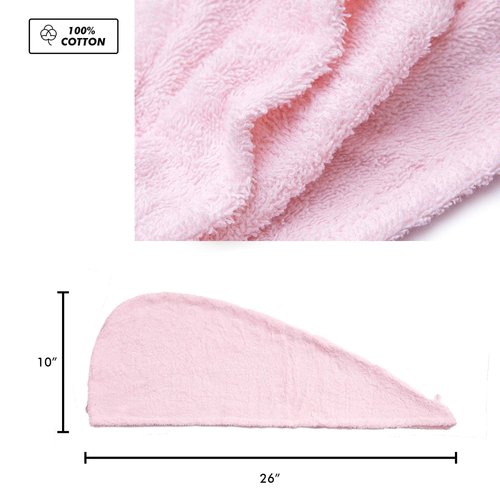 KEEPOZ Hair Towel Wrap Quick Dry 100% Cotton Super Absorbent Turban Head Wrap for Women with Button, Non Microfiber Anti Frizz Hair Products, Hair Cap for Curly, Long & Thick Hair (Pink, 1 Pc)