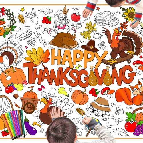 HOWAF Happy Thanksgiving Coloring Poster with 24 pcs (12 Colors) Paint Pens, Fall Harvest Themed Jumbo Paper Coloring Banner or Tablecloth with Turkey Pumkin Design for Kids Classroom Home Party Supplies
