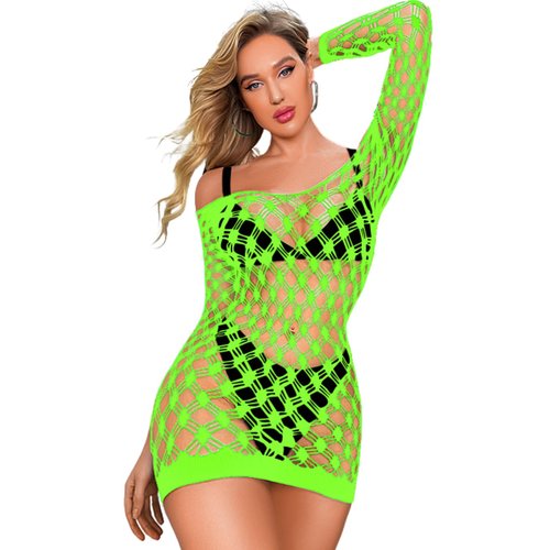 Kaei&Shi Neon Dress for Glow Party,Cutout Mesh Long Sleeve Dresses,Off Shoulder Fishnet Bodycon Mini Sexy Rave Outfits Women Festival Club Party Bottle Girl Neon Green One Size Fits All