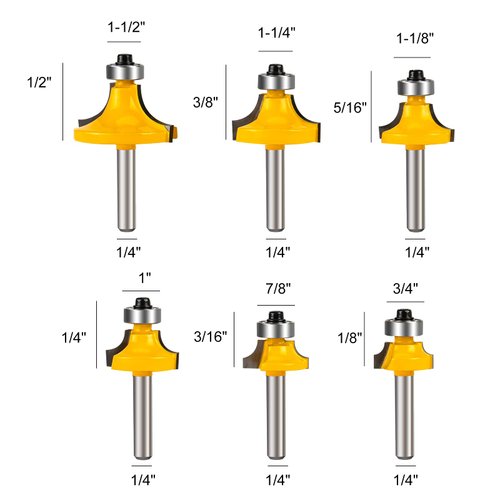 Yueqing Zhongji roundover Router bit 1/4 Shank Router bits 1/4 Shank 1/4-Inch Shank Roundover Edging Router Bit Set Corner Rounding Edge Forming Bit Set 1/2", 3/8", 5/16" ,1/4",3/16",1/8"Radius 6 Pack