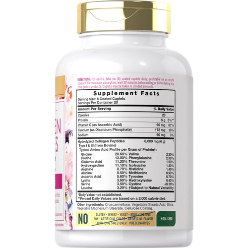 Carlyle Collagen with Vitamin C | 6000mg | 120 Caplets | Multi Collagen Peptide Pills | Type 1 and 3 | Non-GMO, Gluten Free, Grass Fed