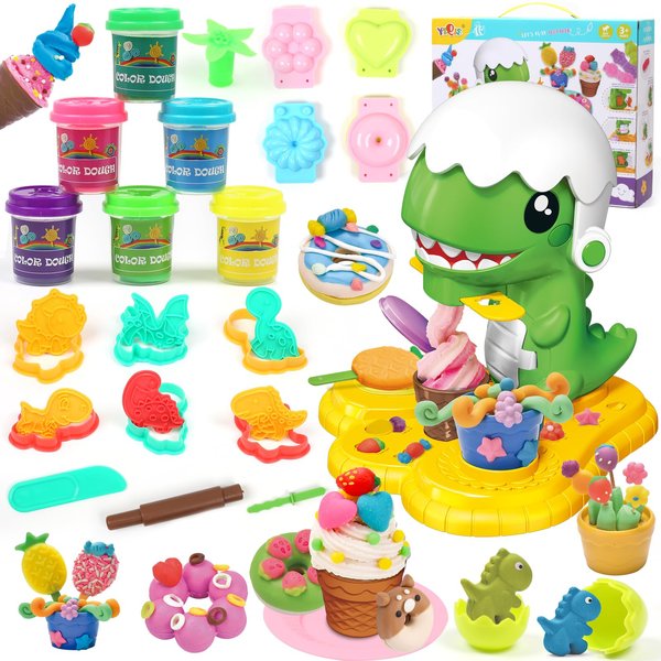 Playdough Sets for Kids Ages 2-4,Dinosaur Play Dough Toys Playdough Ice Cream Set with Dinosaur Molds and Playdough Tools,Playdough Set for Kids 3-5(6 Cans of Play Dough)