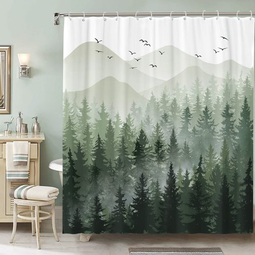 Accnicc Green Misty Forest Shower Curtain Set Ombre Sage Green White Waterproof Fabric Shower Curtains Nature Tree Mountain Woodland Decorative Bathroom Bath Curtain Decor (72'' × 72'', Green)
