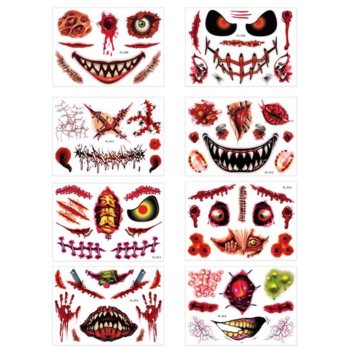 73pcs 8 Sheets Halloween Fake Scars Tattoo Prank Make up Face Tattoos Scary Big Mouth Tattoos Zombie Face Temporary Decals Fake Scars, Stitches Tattoos Zombie Props Decals Cosplay Decor Party