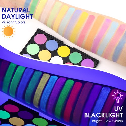 15 Colors Glow Neon Face Paint, Water Activated UV Face Paint, Neon Glow in The Dark Body Paint Washable Eyeliner Face Painting for Party, Halloween, Festival, Rave