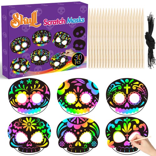 WATINC 30pcs Day of The Dead Skull Scratch Mask Gift Set for Kids, Halloween DIY Magic Scratch Paper, Skull Craft Kit for Mexican School Classroom Activity Art Project Party Favors Supplies