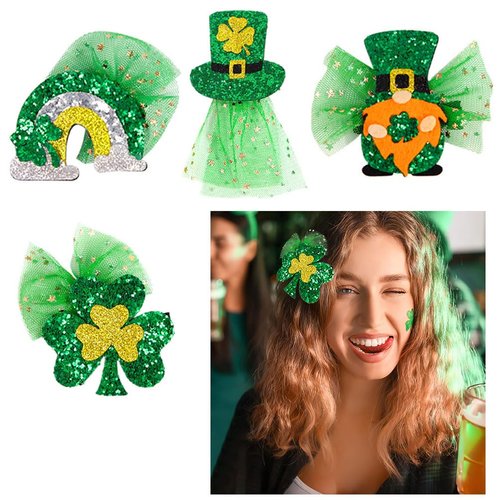 4PCS Clover Hair Clip Green Glitter Shamrock Hair Accessories for St. Patrick's Day Women Girl Kids Saint Patrick Day Lucky Clover Bow Hairpins Festive Hair Accessory Party Decor Supplies