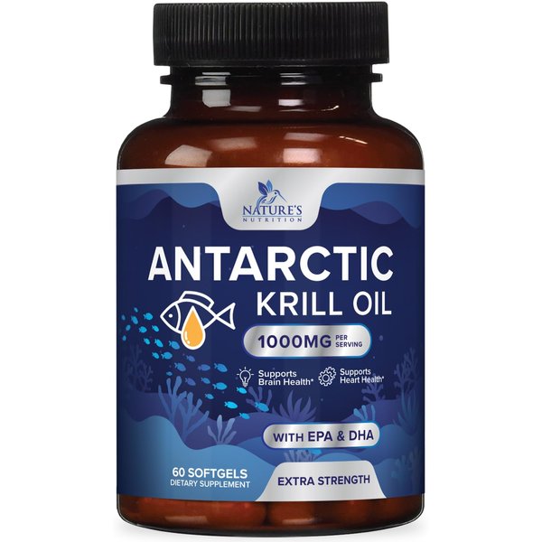 Krill Oil Omega 3 Supplement 1000 mg - Antarctic Krill Oil with Omega-3 EPA, DHA with Astaxanthin Sourced from Red Krill, Brain Health & Immune Support with Phospholipids - 30 Servings, 60 Softgels
