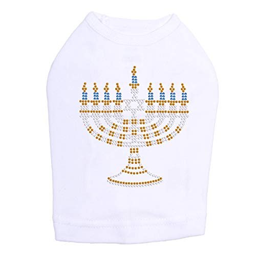 Menorah - Small - (Blue, Silver, & Gold) - Bling Rhinestone Hanukkah Dog Shirt, XS White
