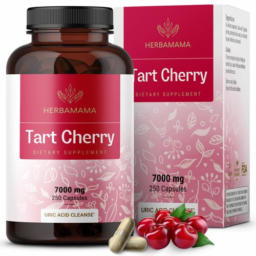 HERBAMAMA Tart Cherry Extract Capsules - 7000 mg Tart Cherry Powder Supplement - Nutritional Tart Cherry for Uric Acid Support - Vegan, Non-GMO - 250 Caps