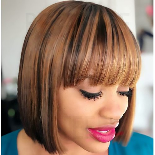 Besteffie Short Bob Wigs Human Hair With Bangs Straight Wigs 100% Brazilian Virgin Hair Glueless Machine Made Wig ombre blonde Highlight wig Short Bob Wigs For Black Women (12 inch, 4/27)