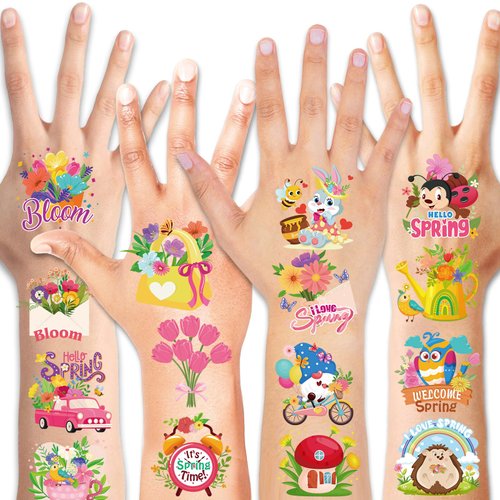 HOWAF 96pcs Spring Easter Tattoos, Hello Spring Temporary Tattoos for Spring Party Supplies, Spring Flower Tattoos Spring Butterfly Tattoos for Kids, Spring Summer Decoration Face Tattoos
