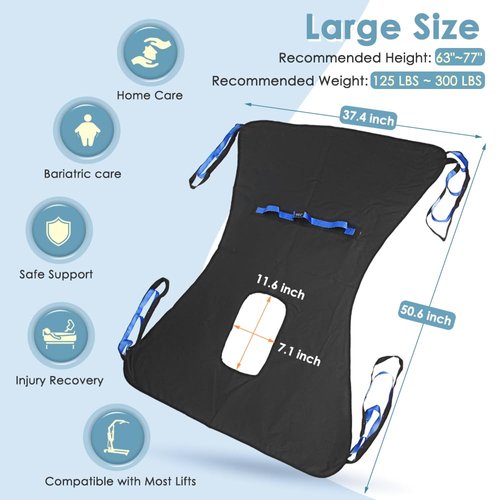 Patient Lift Sling for Hoyer Home Use Elderly Bedridden Patient Lift Assist Aid Medical Toileting Sling Devices Full Body Elevation Lifter for Adults Sit to Stand Positioning Transfer Belt (Black)
