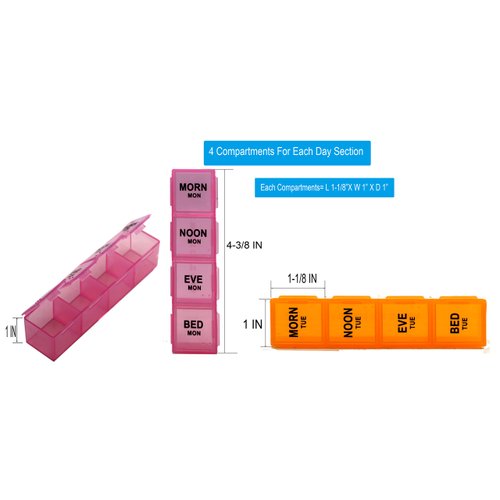 7 Days Pill Organizer Tablet Box Weekly Medication Case Daily AM Morning Noon PM Night Backup Container Compartments Detachable Dispenser (28 Compartments)