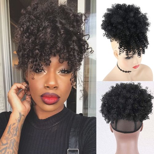 LEOSA Afro Puff Drawstring Ponytail Bun with Bangs Synthetic Short Kinky Curly Ponytail Updo Hair...