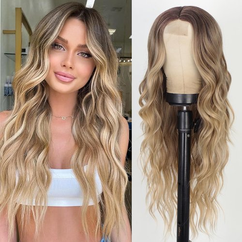 AISI QUEENS Ombre Blonde Wigs for Women Long Curly Wavy Wigs Heat Resistant Synthetic Fiber Wigs Hair Replacement Wigs for Daily Party Use 24 Inch