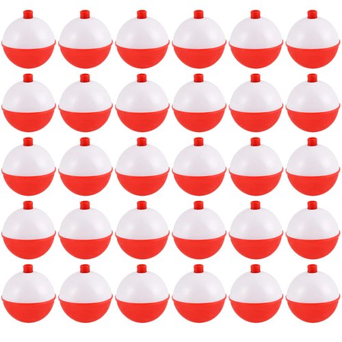 Coopay 30pcs lot Hard ABS Fishing Bobbers Set Snap on Red/White Float Bobbers Push Button Round Buoy Floats Fishing Tackle Accessories, 1.5 Inch