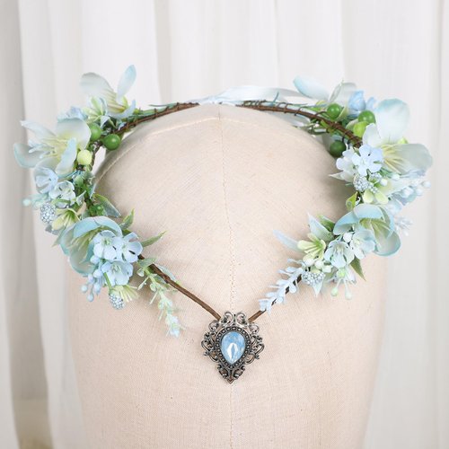 Vivivalue Fairy Flower Crown Floral Headband Elven Headpiece for Women Girls Woodland Forest Elf Circlet Halloween Renaissance Wedding Bridal Cosplay Prom Photo Props Blue