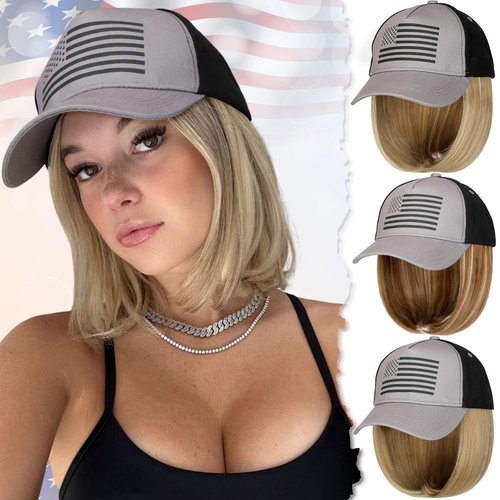 Qlenkay American Flag Hat Wig USA Flag Adjustable Baseball Cap Attached with 14" Hair Extensions Straight Bob Synthetic Hairpiece for Women Ash Blonde Mix Bleach Blonde