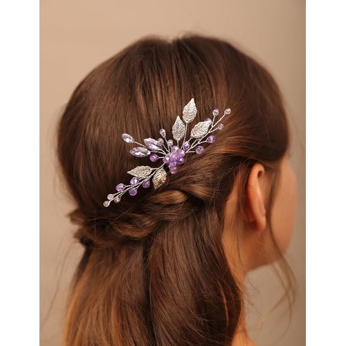 Teyglen Silver Leaf Headpiece Bridal Purple Crystal Hair Comb Amethyst Rhinestone Wedding Hair Comb Simple Hair Piece Hair Accessories for Women